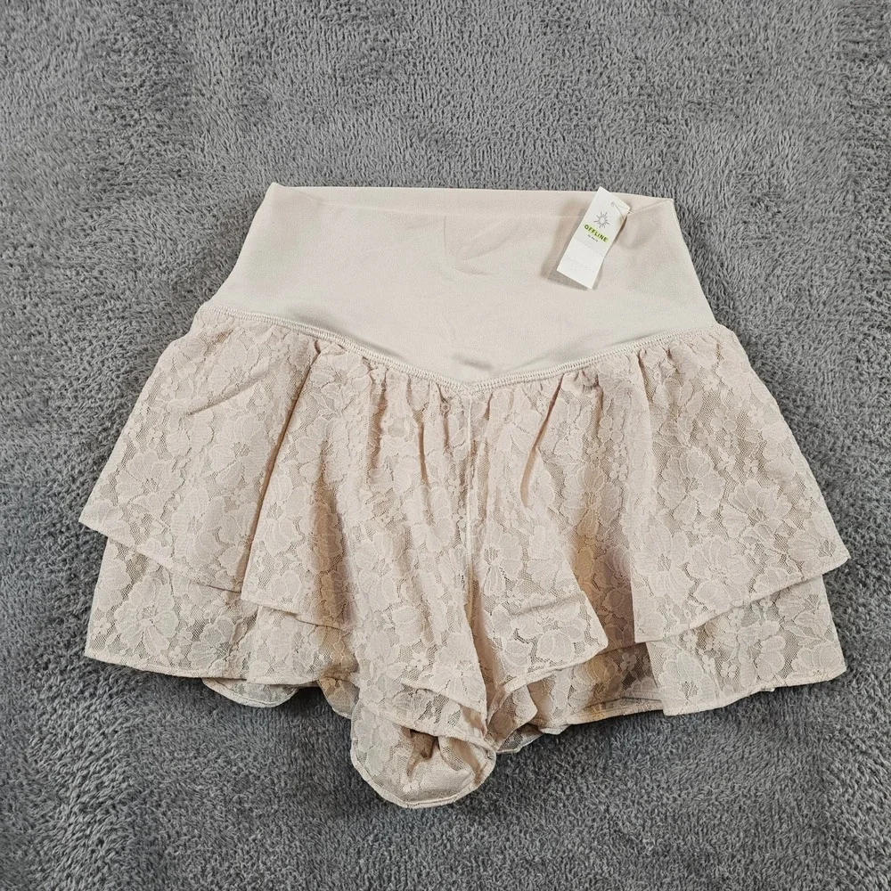 OFFLINE by Aerie Real Me Lace Skort Cream Ruffle Tiered Mini Skirt Small NEW - Picture 1 of 12